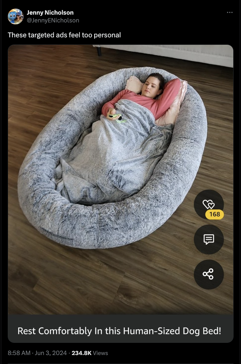 comfort - Jenny Nicholson Nicholson These targeted ads feel too personal 168 Rest Comfortably in this HumanSized Dog Bed! Views